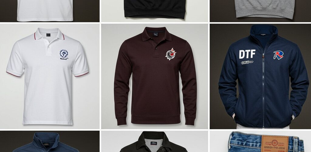 Techniques d'impression textile illustrées : broderie sur polo, sérigraphie sur t-shirt, DTG sur coton clair, transfert sur veste, sublimation sur vêtement de sport en polyester