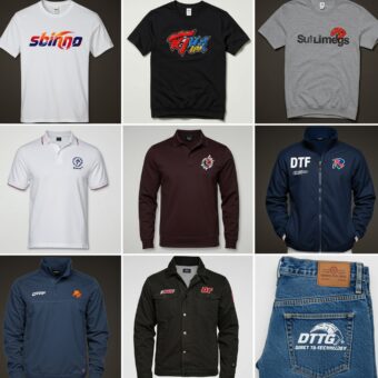 Techniques d'impression textile illustrées : broderie sur polo, sérigraphie sur t-shirt, DTG sur coton clair, transfert sur veste, sublimation sur vêtement de sport en polyester
