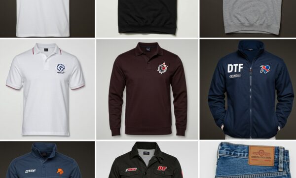 Techniques d'impression textile illustrées : broderie sur polo, sérigraphie sur t-shirt, DTG sur coton clair, transfert sur veste, sublimation sur vêtement de sport en polyester